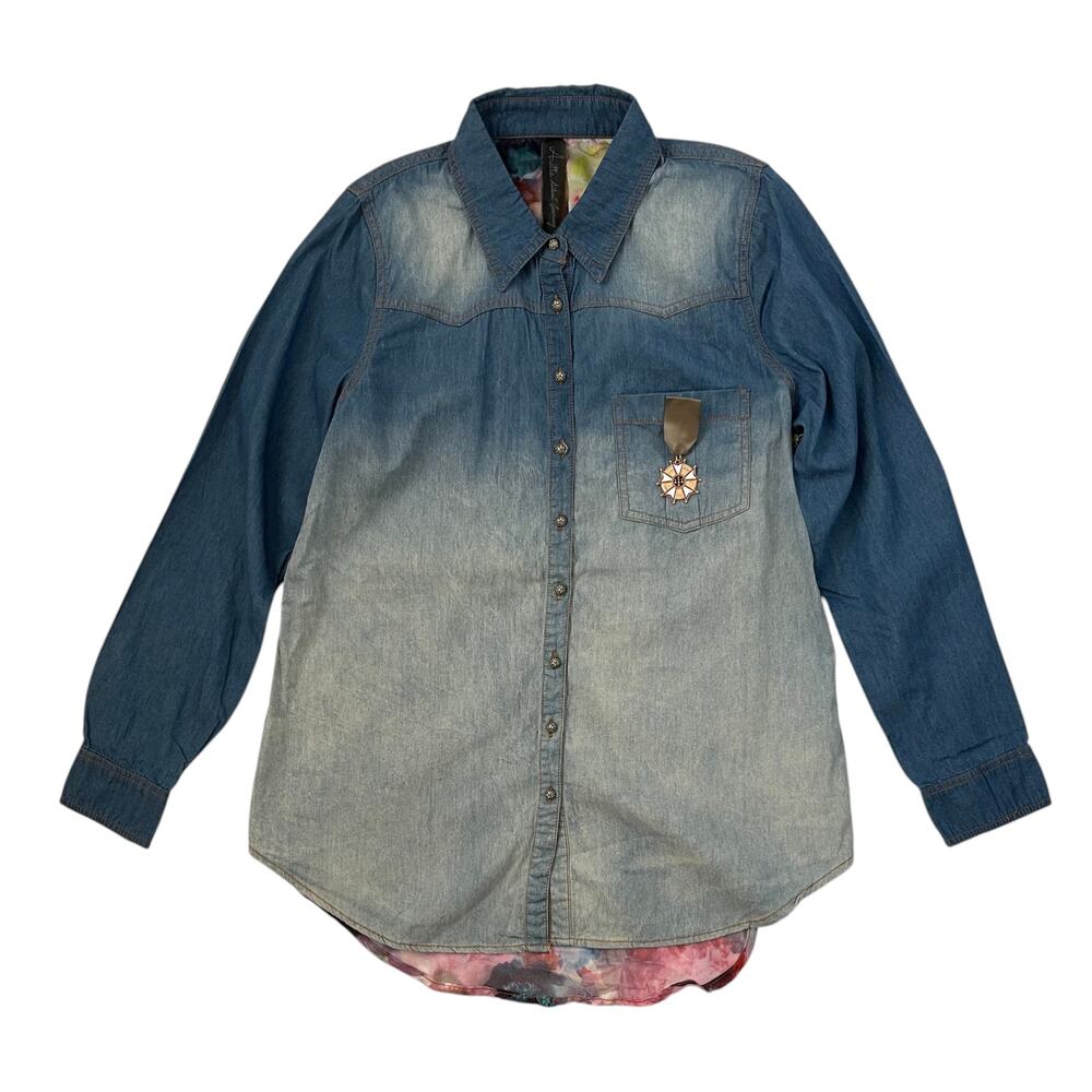NWT Aratta Bianca Chambray Denim Floral Button Up Shirt with Brooch - Size S